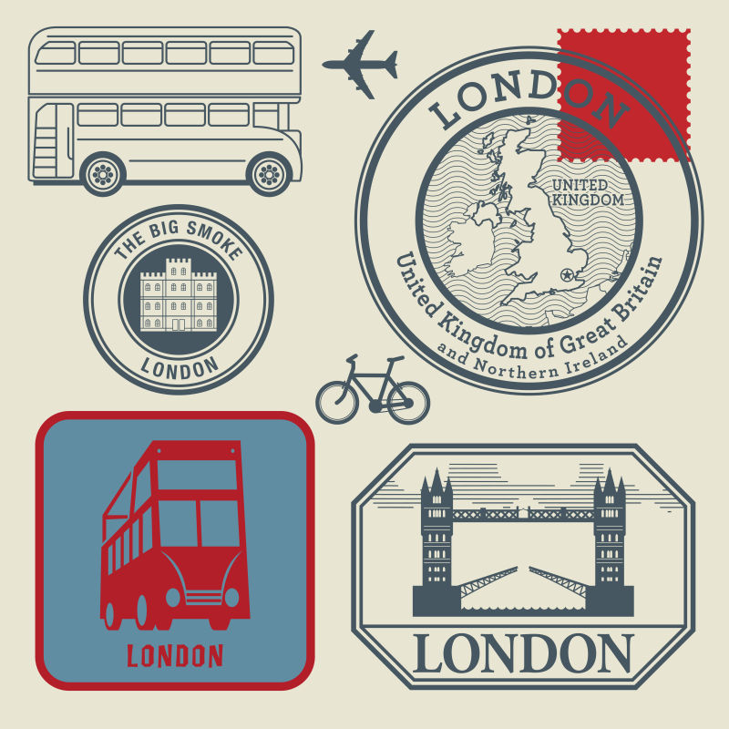 矢量伦敦主题旅游元素邮票