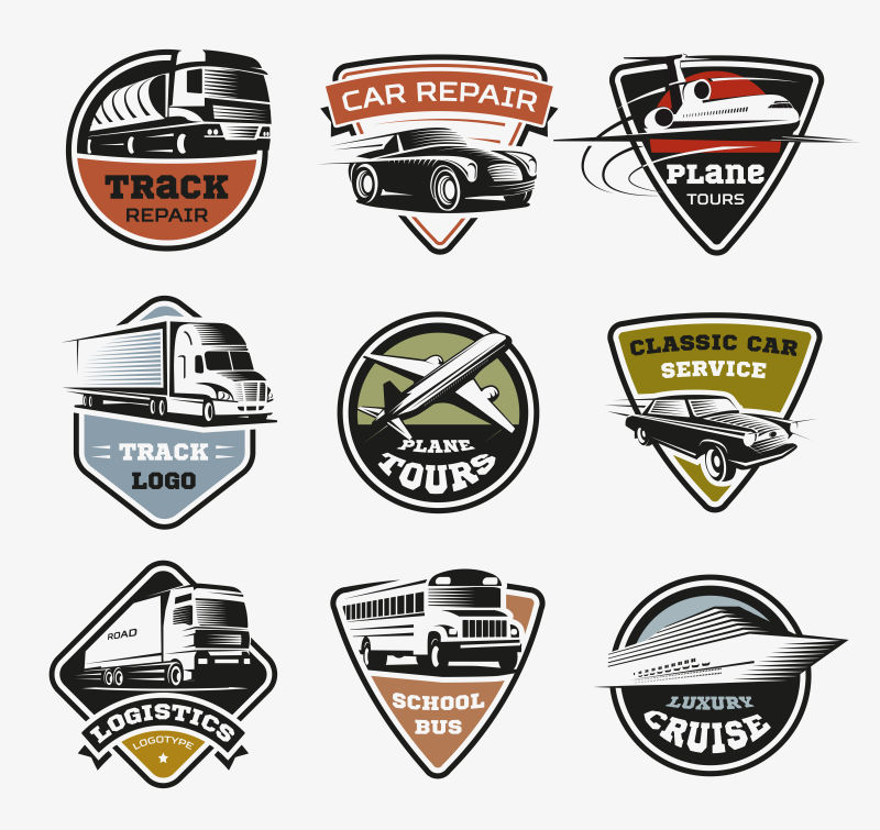 旅游中的各种交通方式徽章矢量老式设计元素