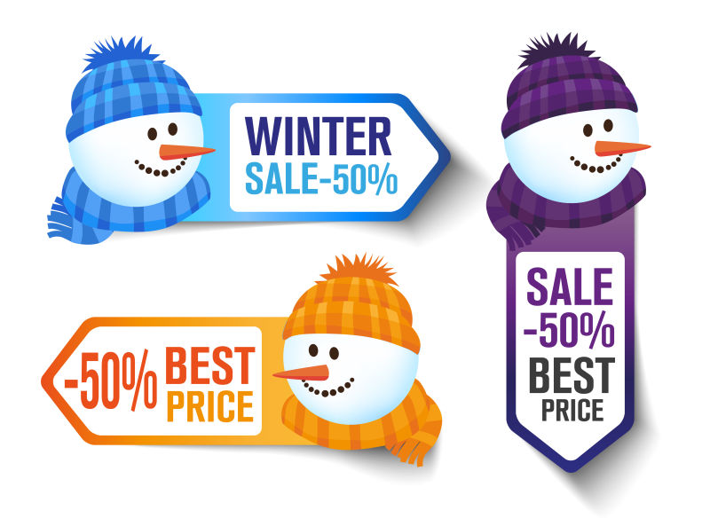 雪人元素的冬季销售标签设计矢量插图