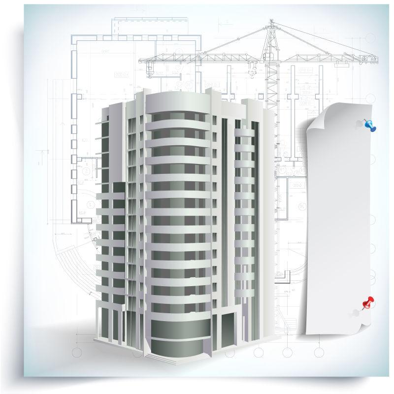 现代建筑的三维立体模型和建筑图纸矢量