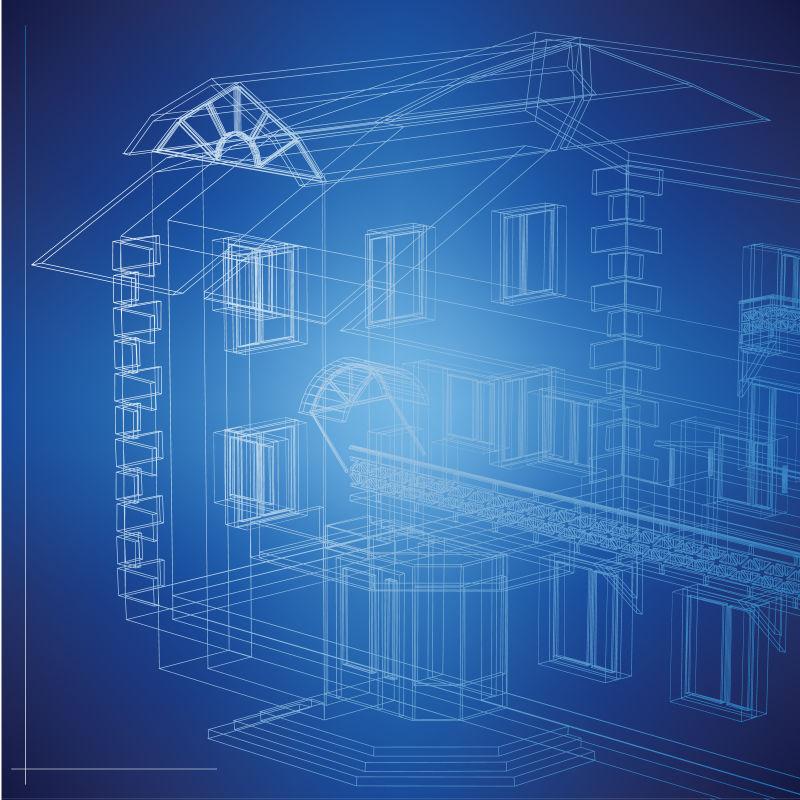 现代建筑的3D效果和设计图纸矢量