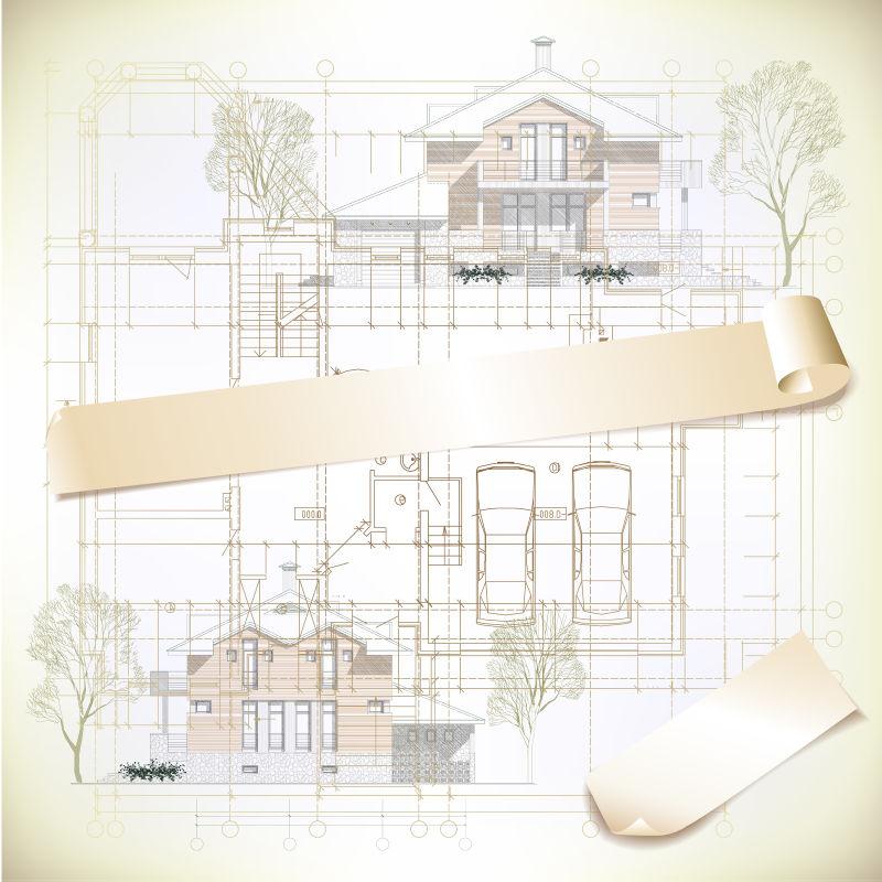 建筑三维立体模型在图纸上的立体效果矢量