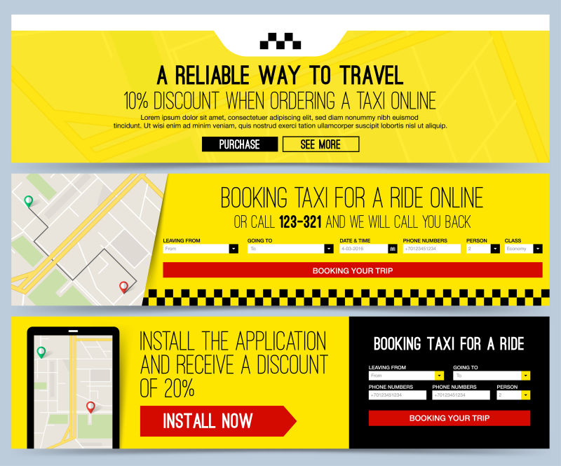 三黄色网页横幅商务出租车矢量横幅设计