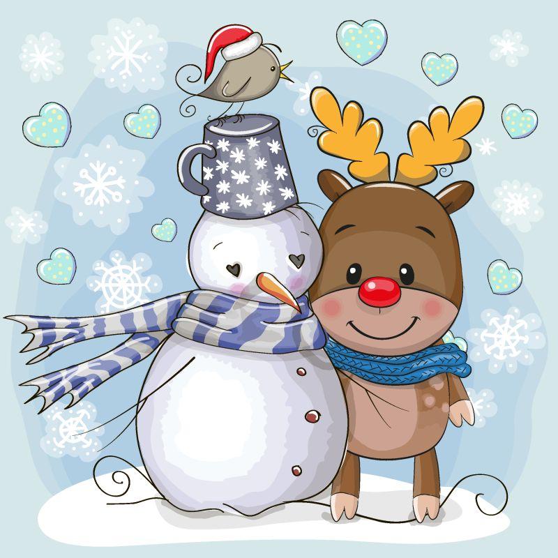 矢量可爱卡通鹿和雪人圣诞卡