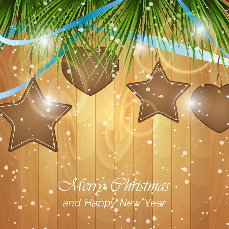 矢量木背景上的星星和心形状的圣诞姜饼