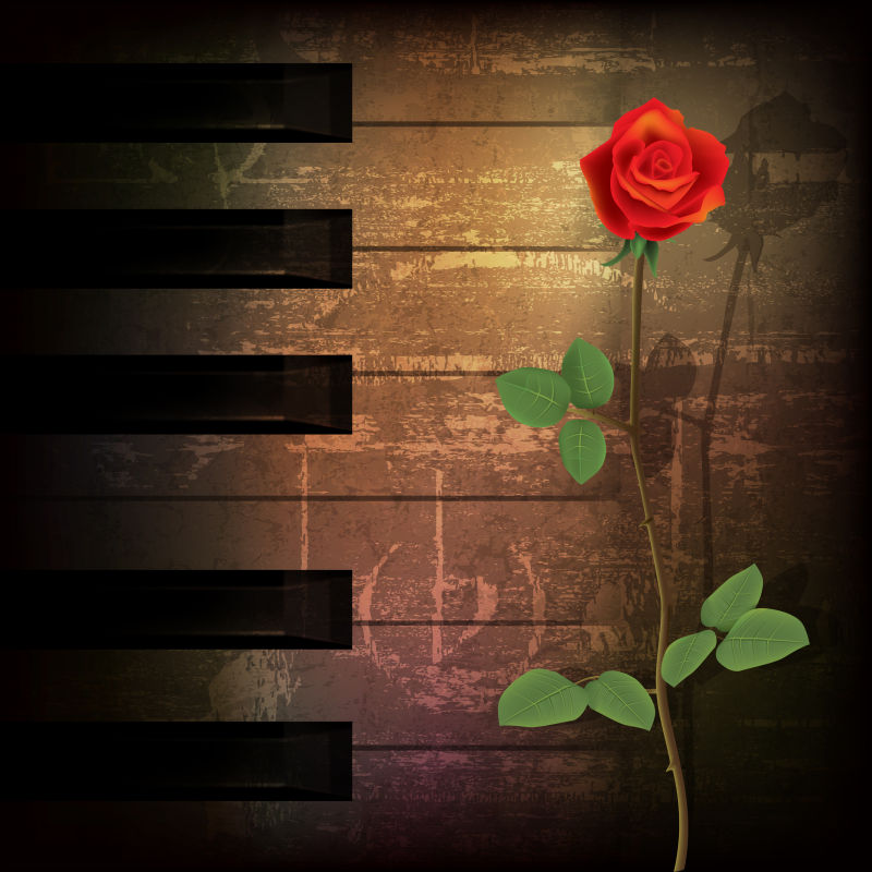 复古钢琴与红玫瑰矢量插图