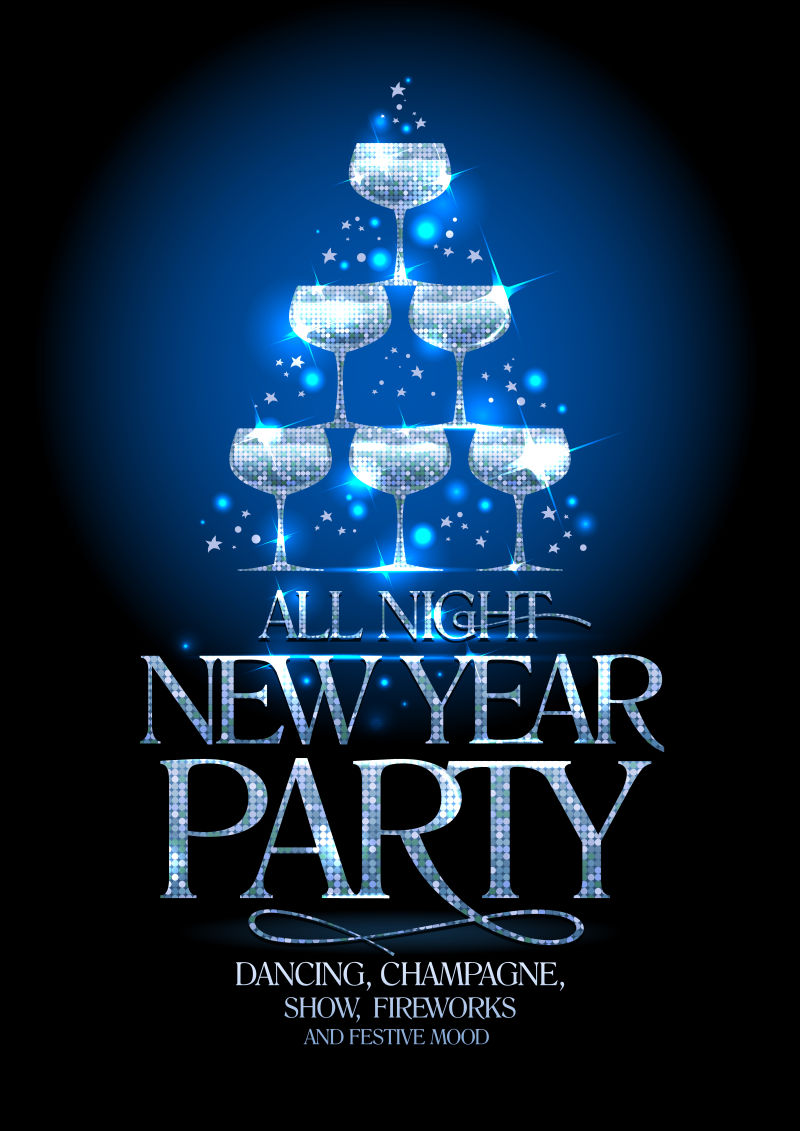 银色香槟酒杯新年派对海报矢量图