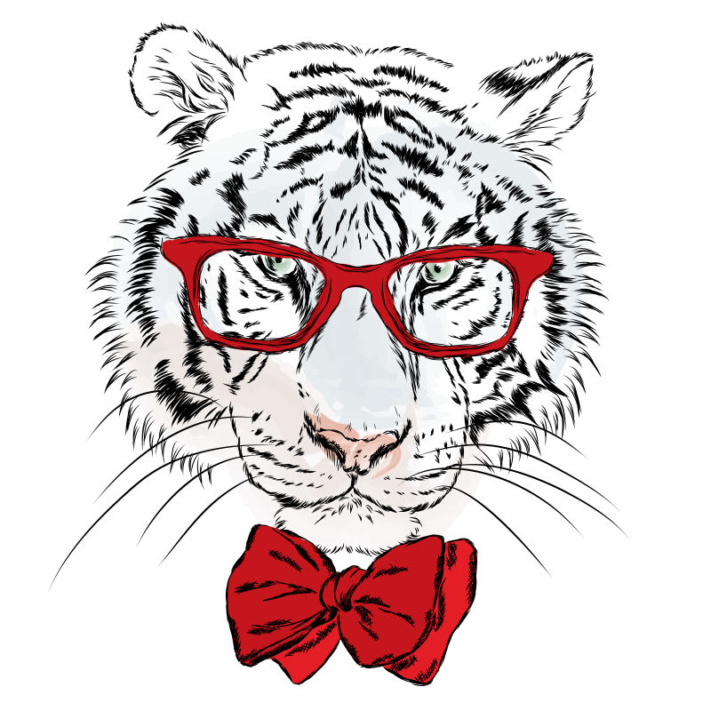 带着红色眼镜的老虎矢量卡通插图