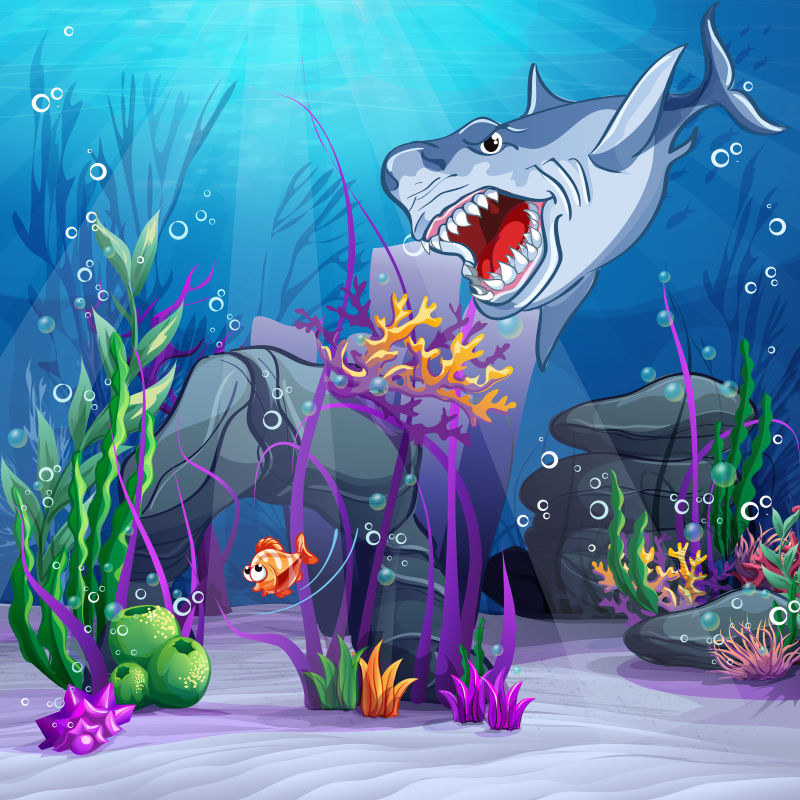  矢量卡通水下的鲨鱼插图
