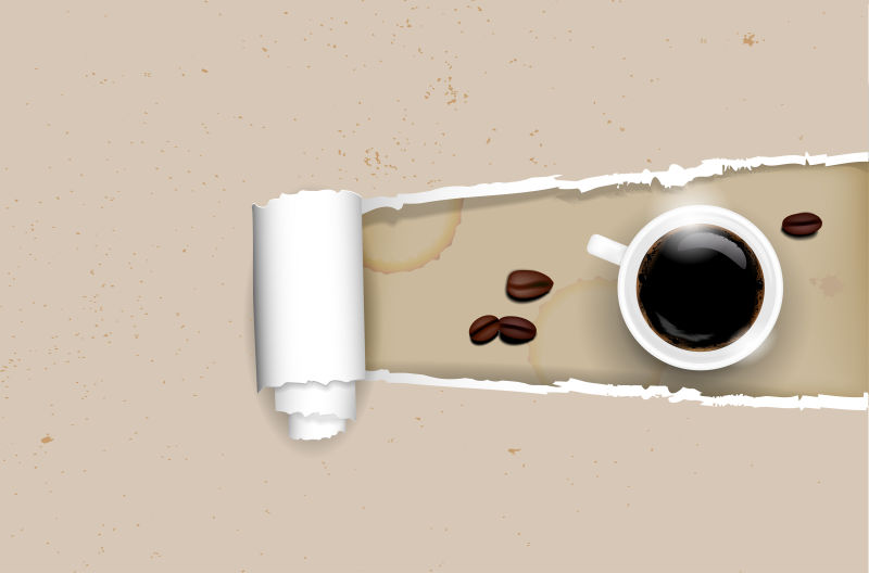 碎纸背景中的矢量咖啡和咖啡豆