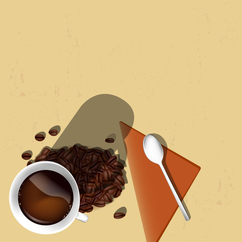 勺子和餐巾纸背景的矢量咖啡和咖啡豆