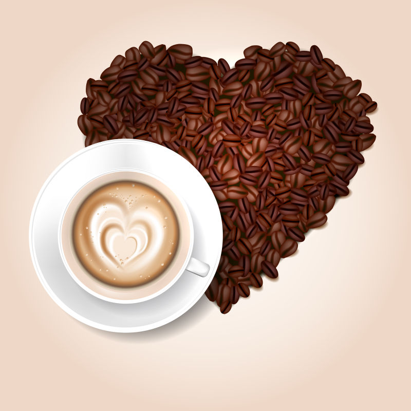 心形的矢量咖啡和咖啡豆
