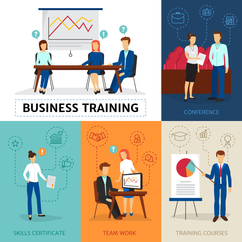 认证的商业咨询项目与培训课程会议和工作坊平幅组成矢量海报