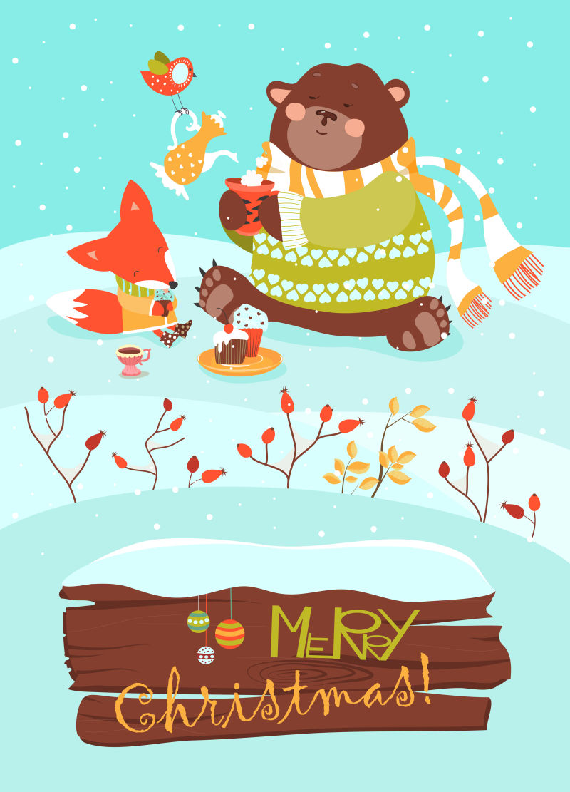 可爱的小熊和小狐狸庆祝圣诞节矢量贺卡