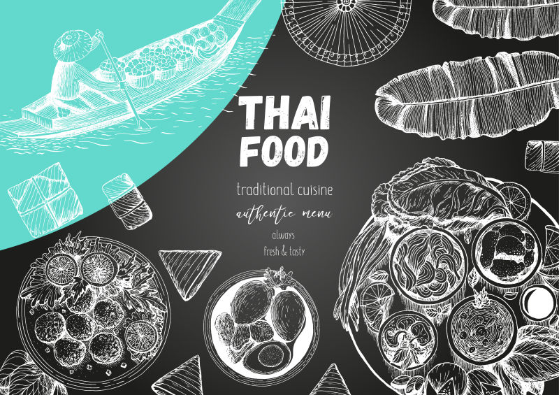 复古手绘泰国食物菜单矢量插图