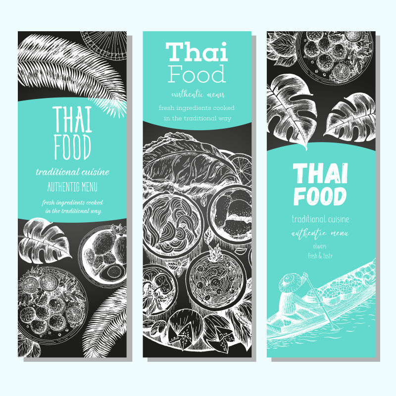 手绘泰国食物横幅设计矢量插图