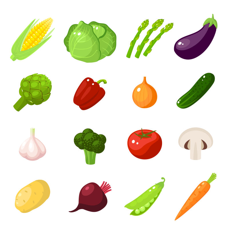 各种卡通蔬菜图标矢量插图