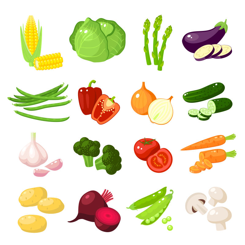 不同的卡通蔬菜图标矢量插图