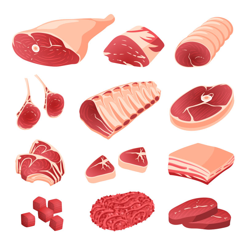 各种卡通肉类食品图标矢量插图