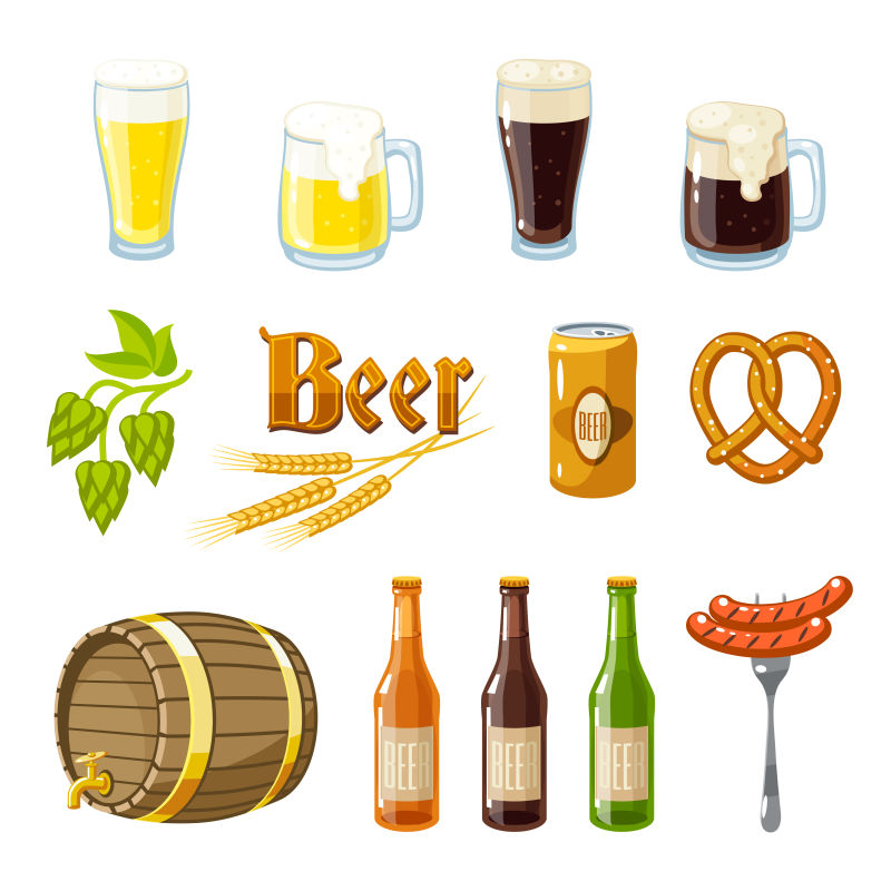 不同的啤酒和食物图标矢量插图