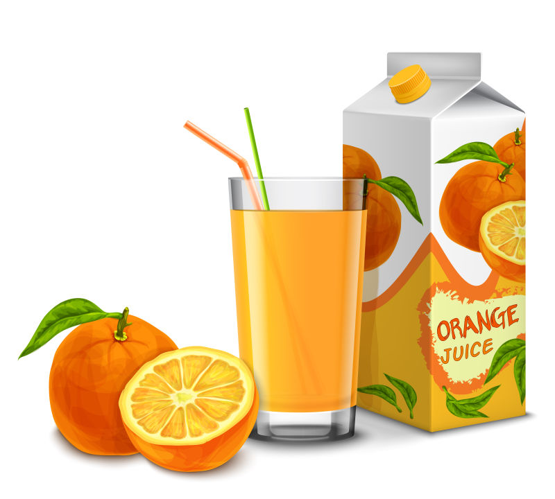 新鲜橙汁玻璃与纸包装的矢量的新鲜橙汁