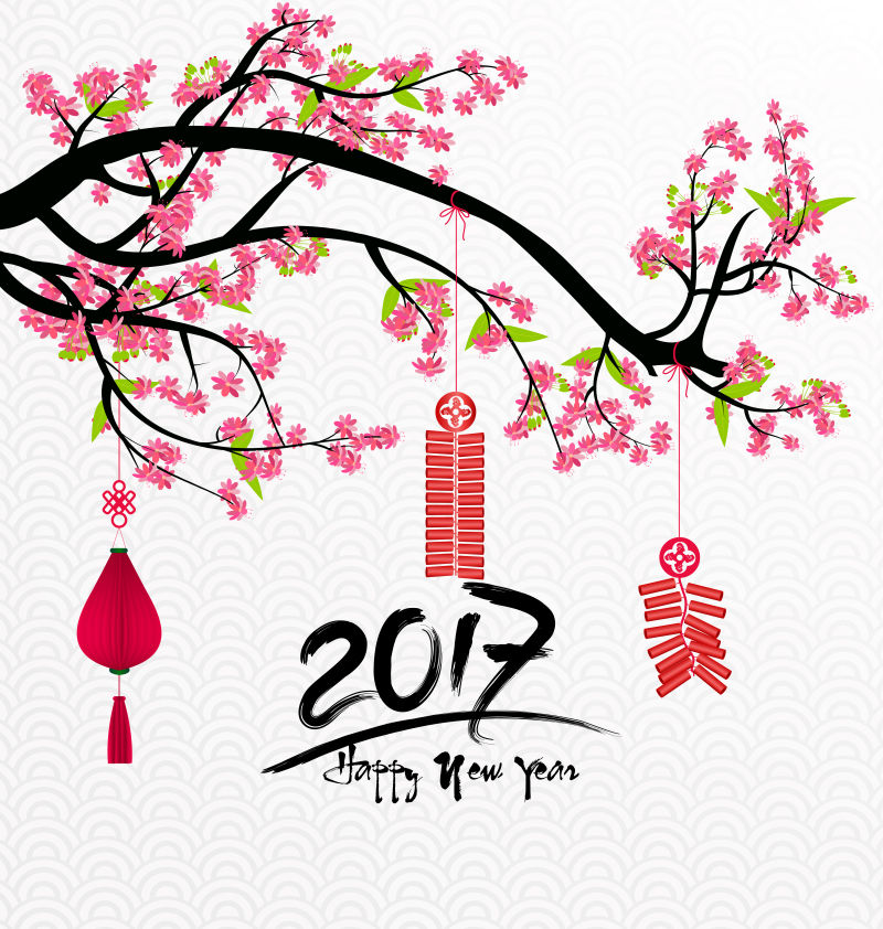 2017新年快乐鲜花和农历新年矢量
