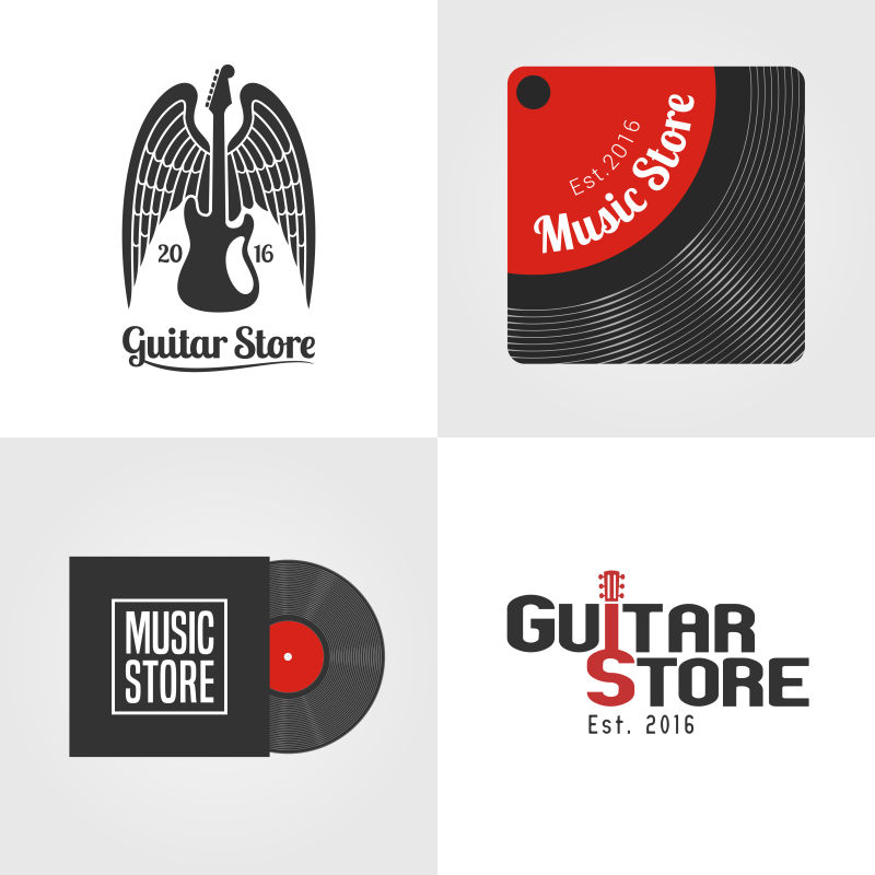 矢量黑红色的吉他商店创意logo设计