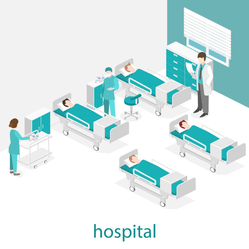 医院病房内的的等距平面设计矢量