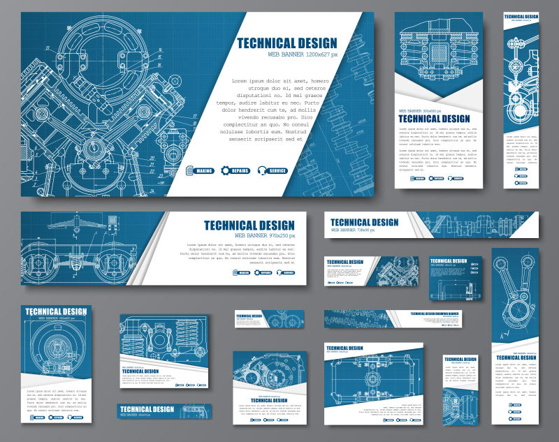 不同尺寸的幅幅横幅与技术制图矢量