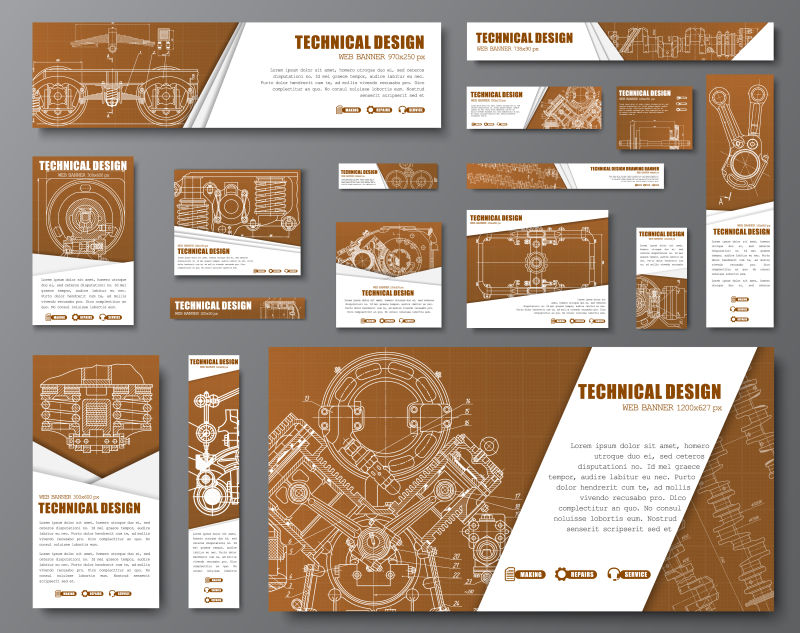 不同尺寸的幅幅横幅与技术矢量制图