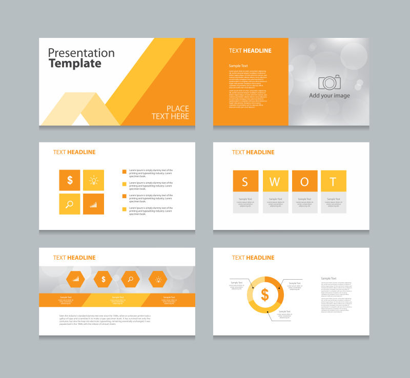 橙色商业演示幻灯片设置信息图形演示背景矢量