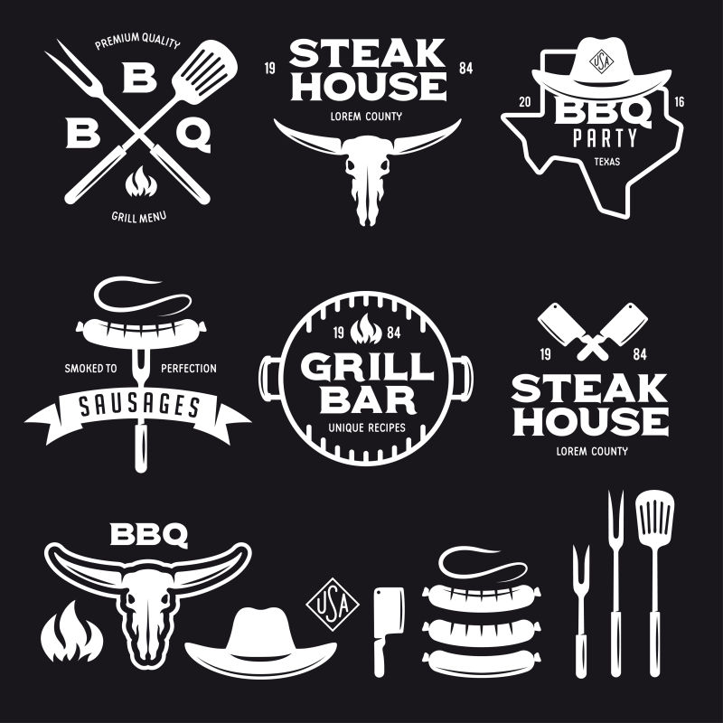 矢量烧烤牛排屋烤肉条标签徽章标志和设计元素