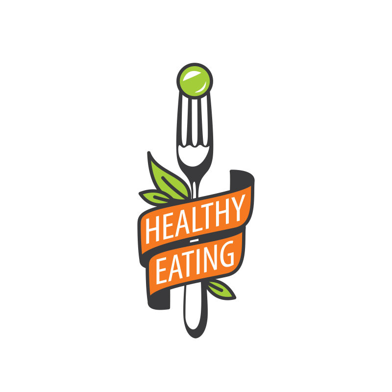 矢量餐叉和绿色球形食物健康饮食标识