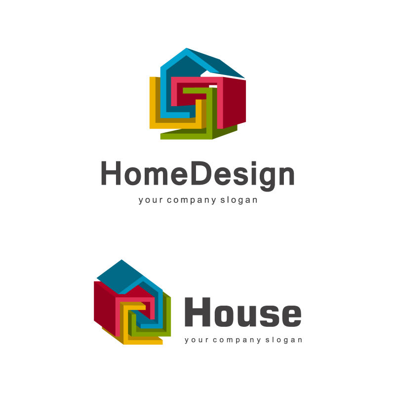 矢量彩色抽象几何房屋里的3D家居标志创意设计