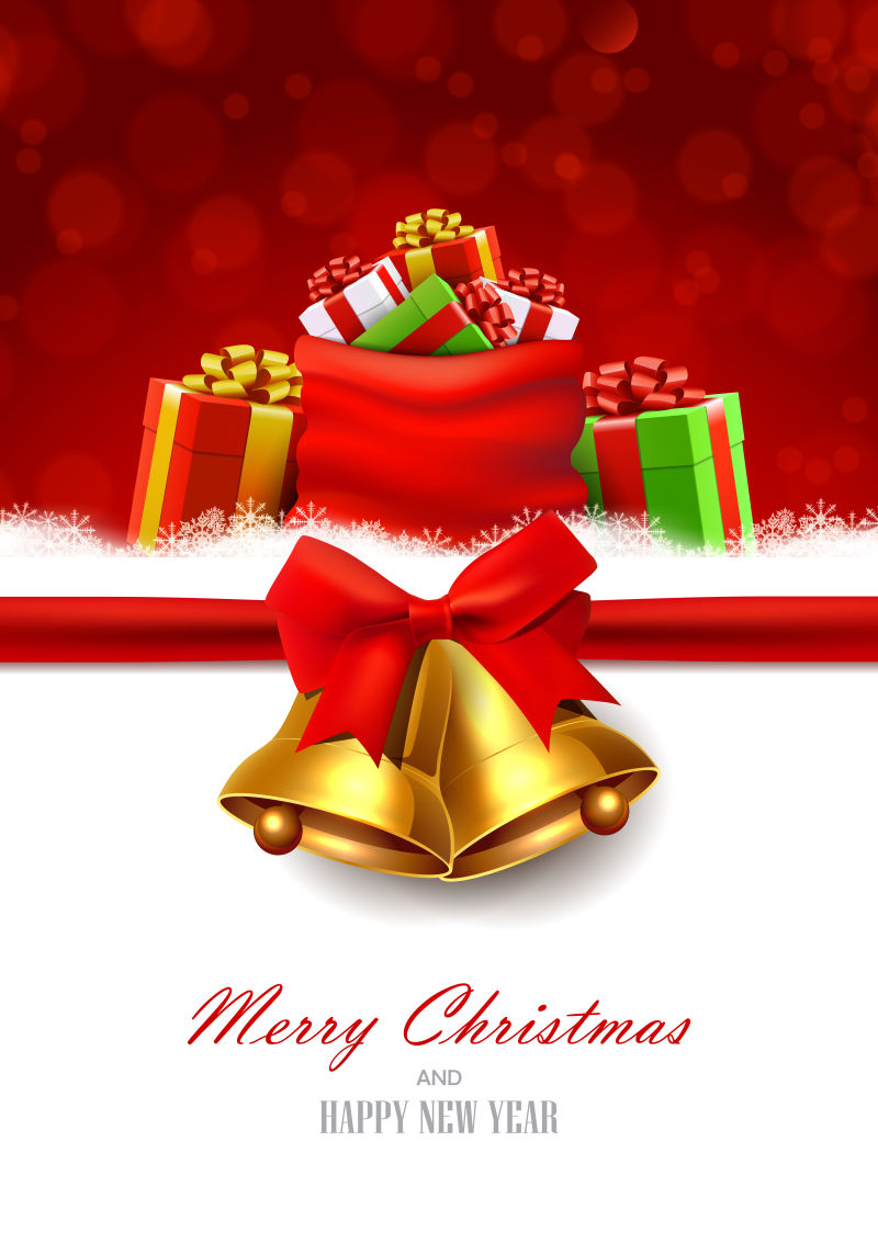 矢量圣诞节背景有金钟红色蝴蝶结和装满礼物的袋子