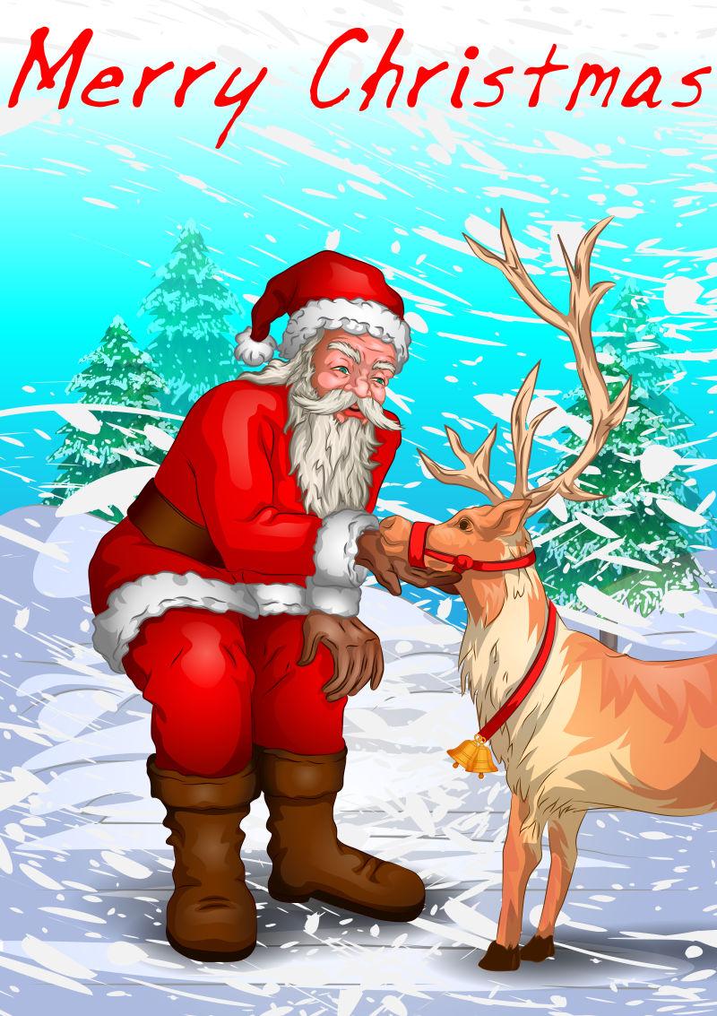 矢量设计雪地背景中的圣诞老人和驯鹿