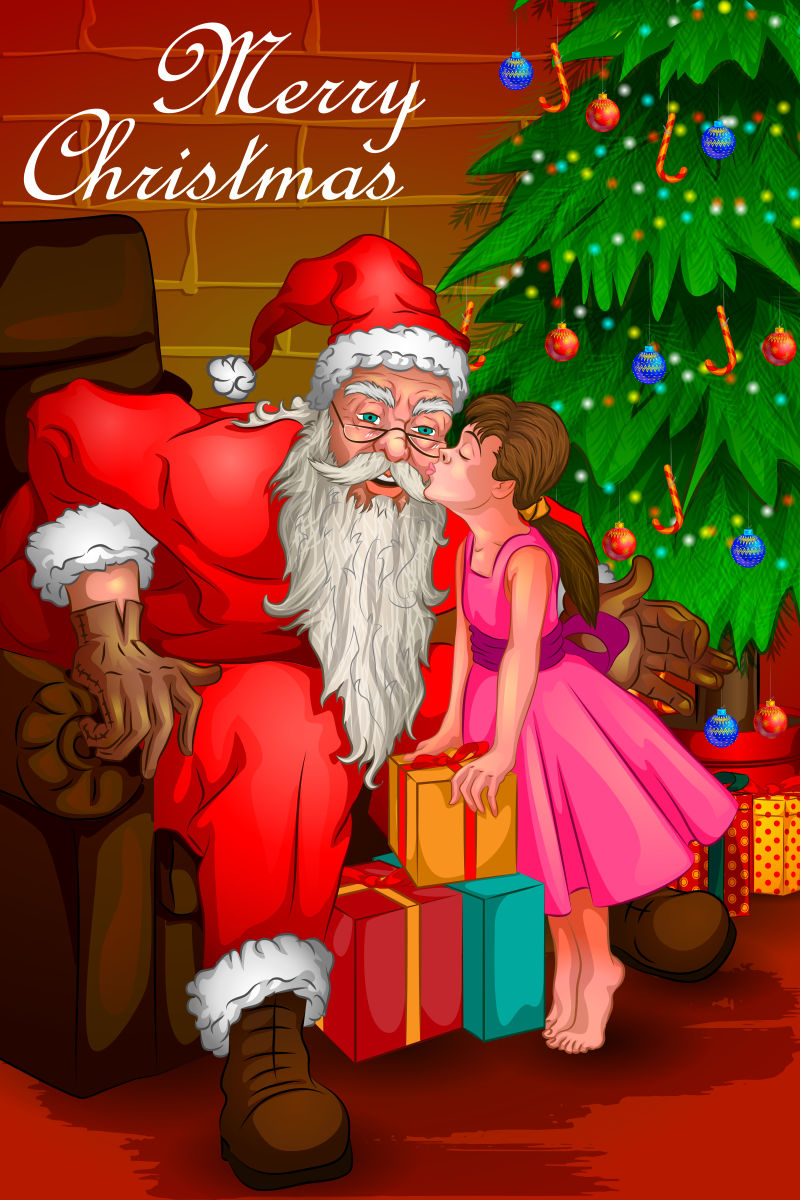 矢量设计圣诞树背景中亲吻圣诞老人的小女孩