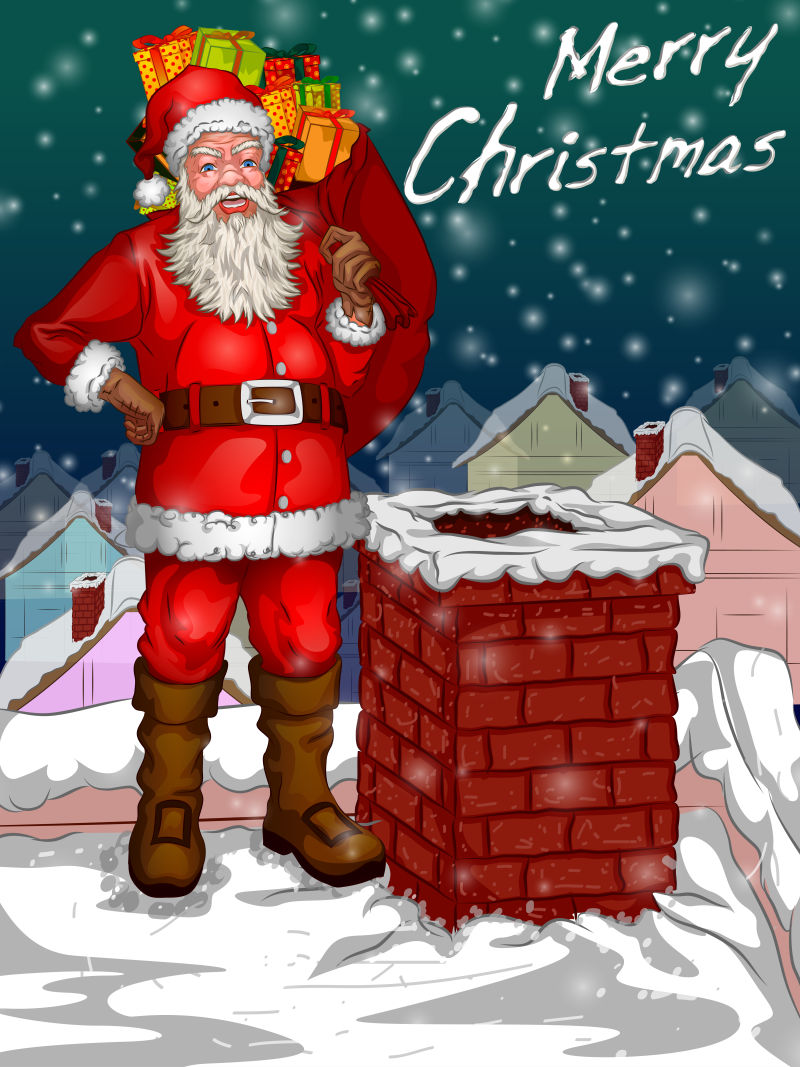 矢量设计烟囱旁边背着礼物的圣诞老人