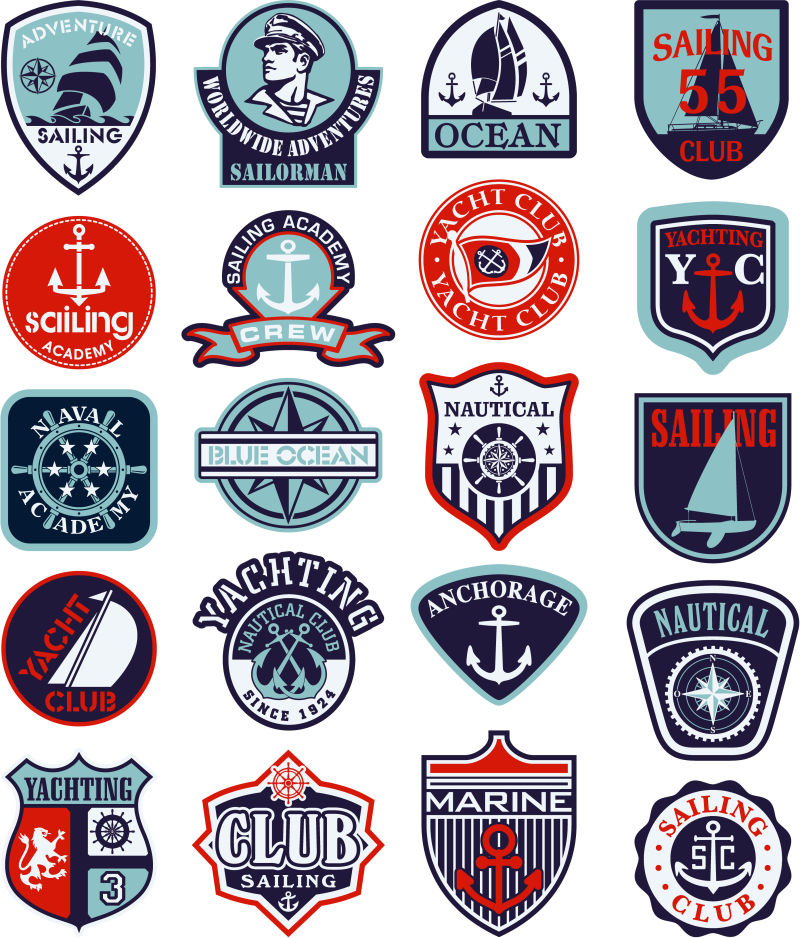 矢量彩色航海徽章和航海标志