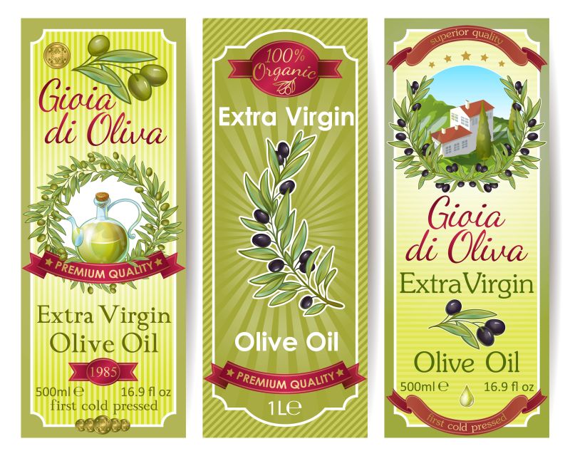 三种独立的垂直特级初榨橄榄油包装标签设计与装饰植物枝条和符号矢量插图
