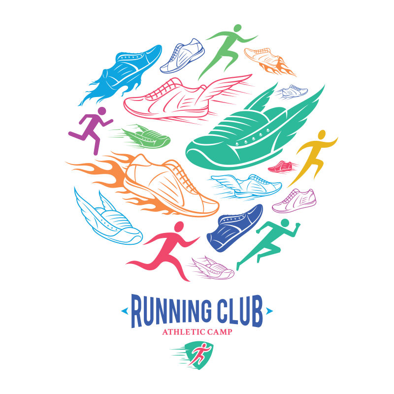 跑步俱乐部跑鞋标志矢量插图