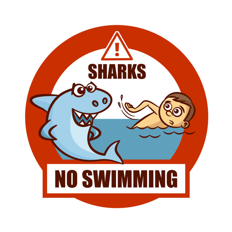 禁止游泳有鲨鱼贴纸矢量插图
