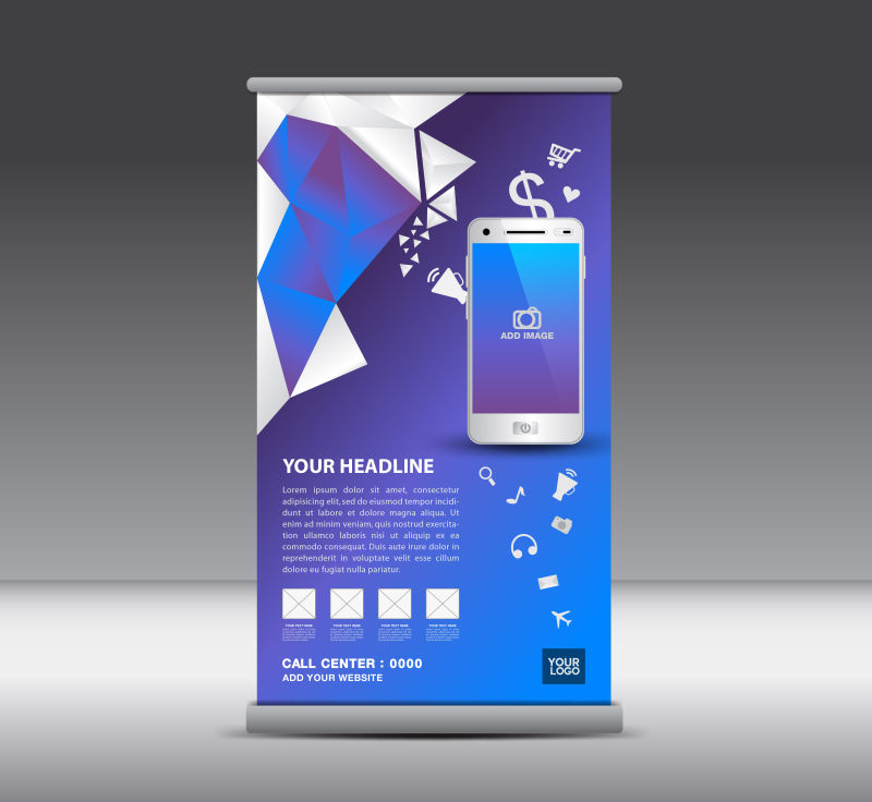 卷起的蓝色手机广告横幅矢量设计