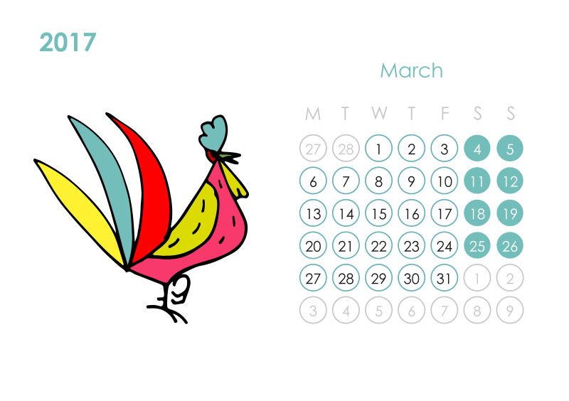 矢量公鸡2017日历三月设计