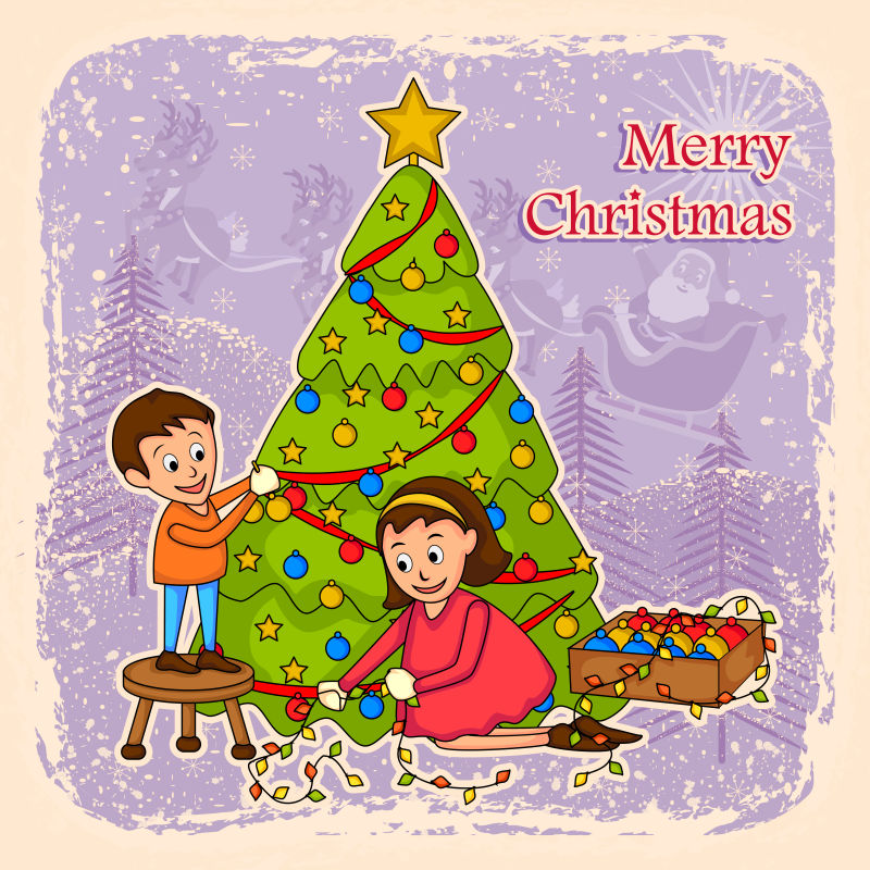 圣诞儿童圣诞树矢量插图