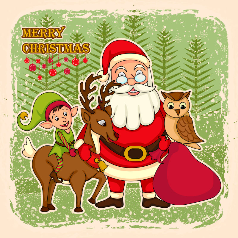圣诞老人与鹿和精灵圣诞快乐矢量图解