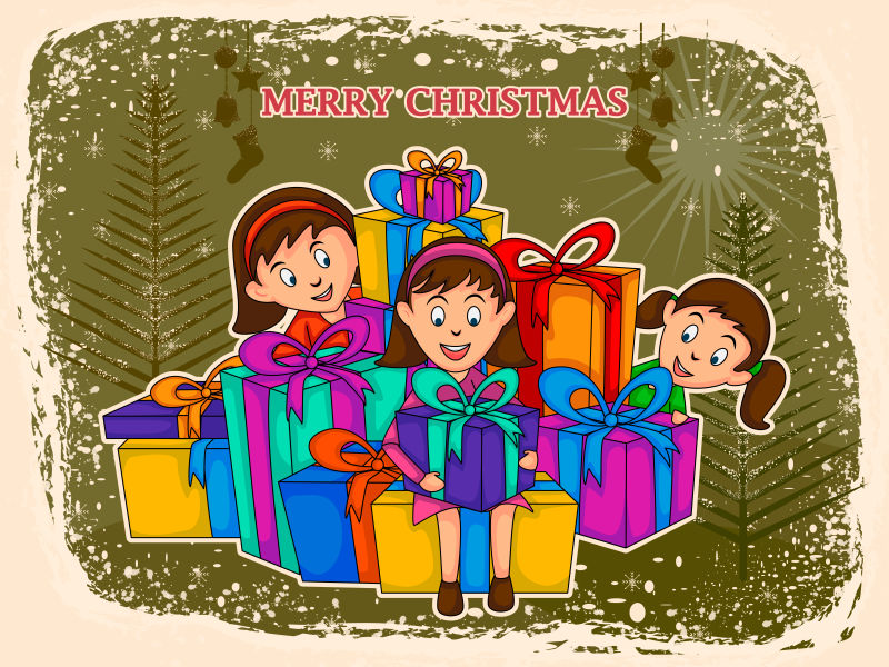 圣诞礼物庆典背景下的儿童礼物矢量插图