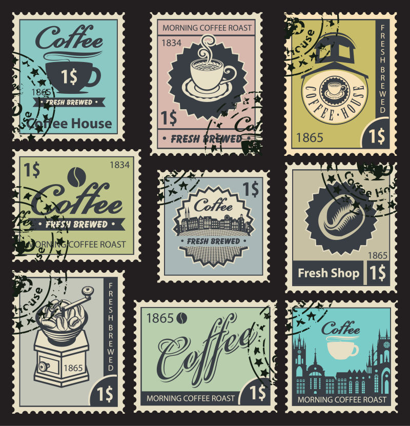 矢量以咖啡馆为主题的老式邮票