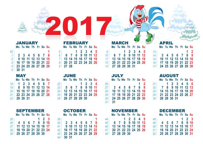 蓝色2017鸡年日历设计矢量