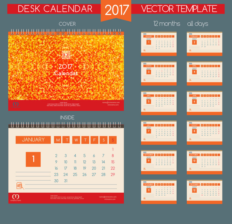 矢量2017年日历所有月份设计